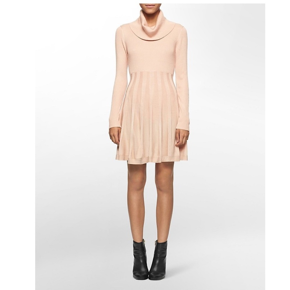 Calvin Klein Light Pink Pleated Turtleneck Sweater Dress